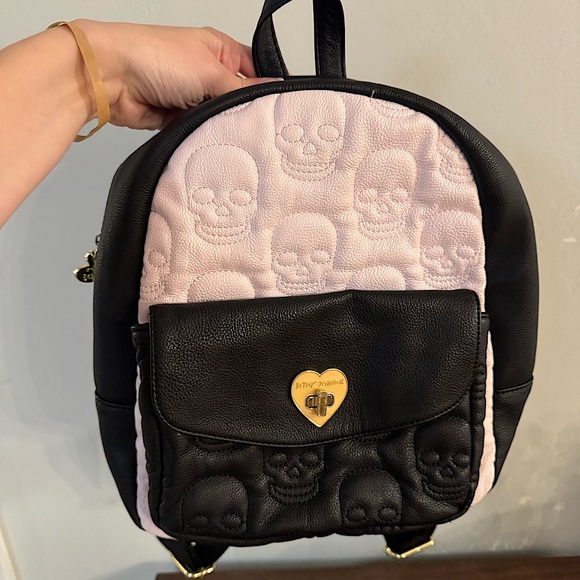 Betsey Johnson Pink and Black Skull‎ Embossed Mini Backpack display picture 3